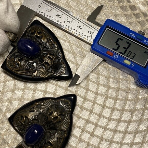 Vintage 1965–75 Nepal/India Bronze & Ebonite Pendants w/ Blue Galalith Cabochon - Picture 2 of 10